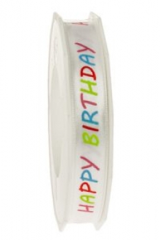 Geschenkband "Happy Birthday" weiss/farbig, 15mm breit, 20m